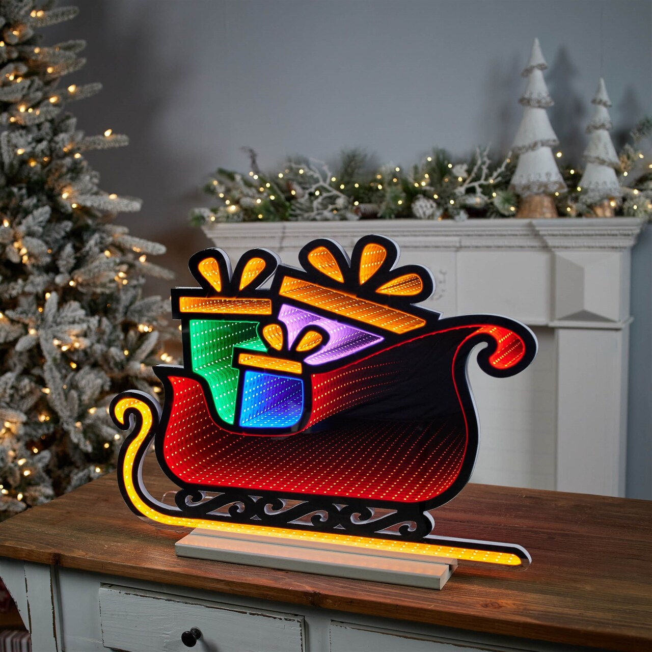 Melrose LED Lighted 3D Sleigh with Gifts Christmas Infinity Mirror - 24.75"